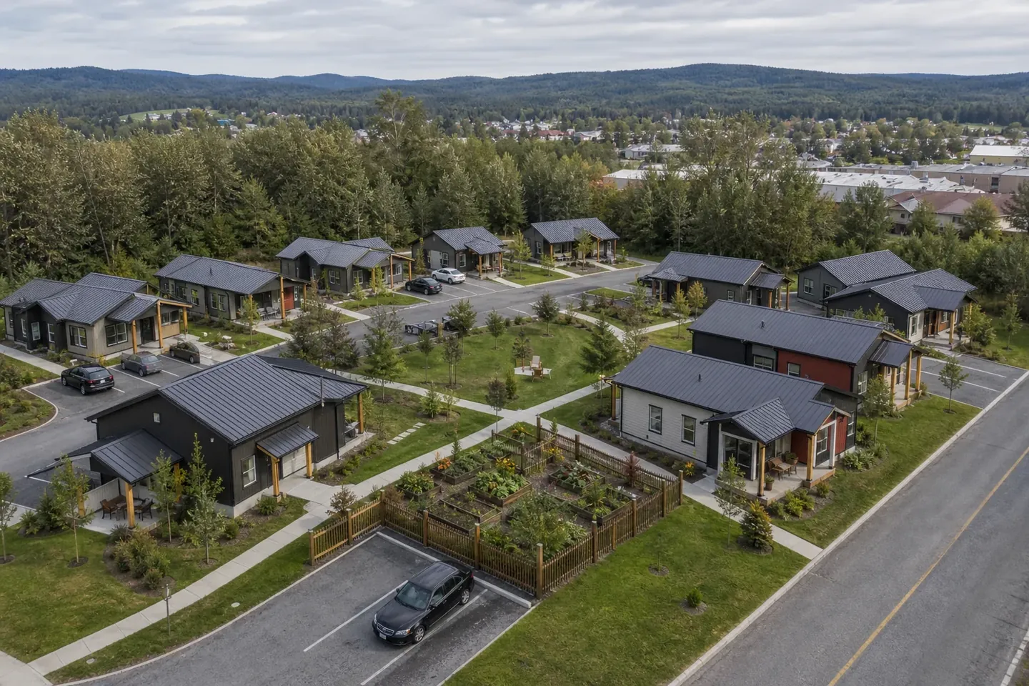 Illustrative aerial visualization of a compact workforce-housing community with shared green space