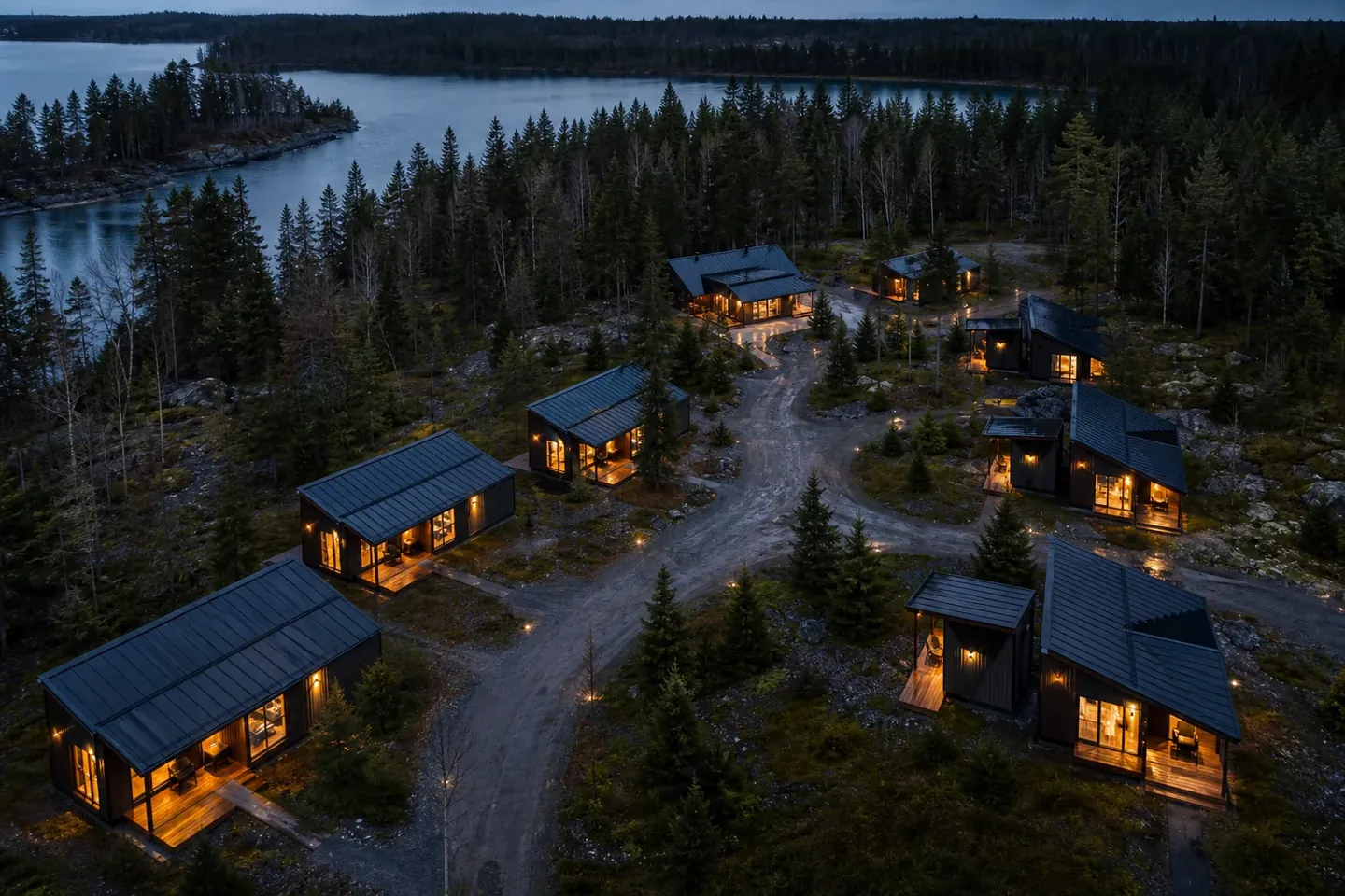 Illustrative aerial visualization of compact lakeside cabins in a northern Canadian landscape