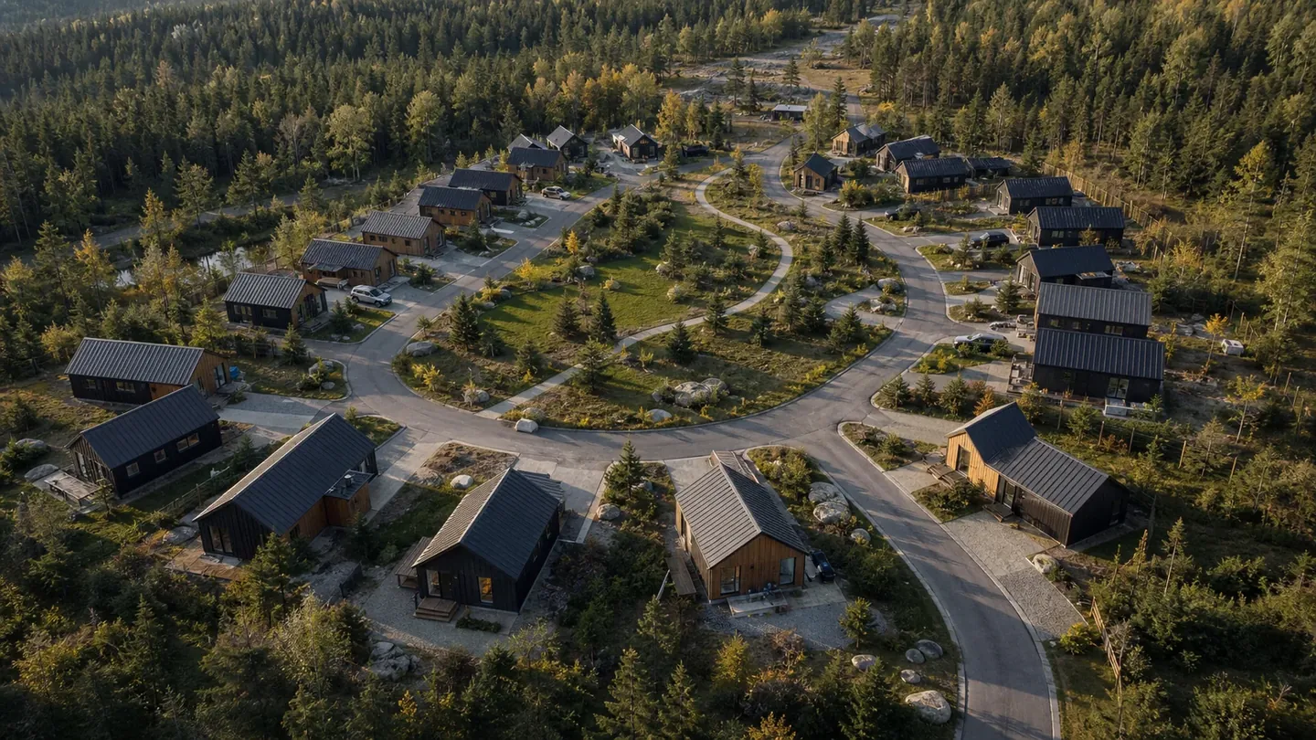 Illustrative aerial visualization of a North Forge compact-home community