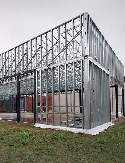 Cold-formed steel wall framing before exterior cladding