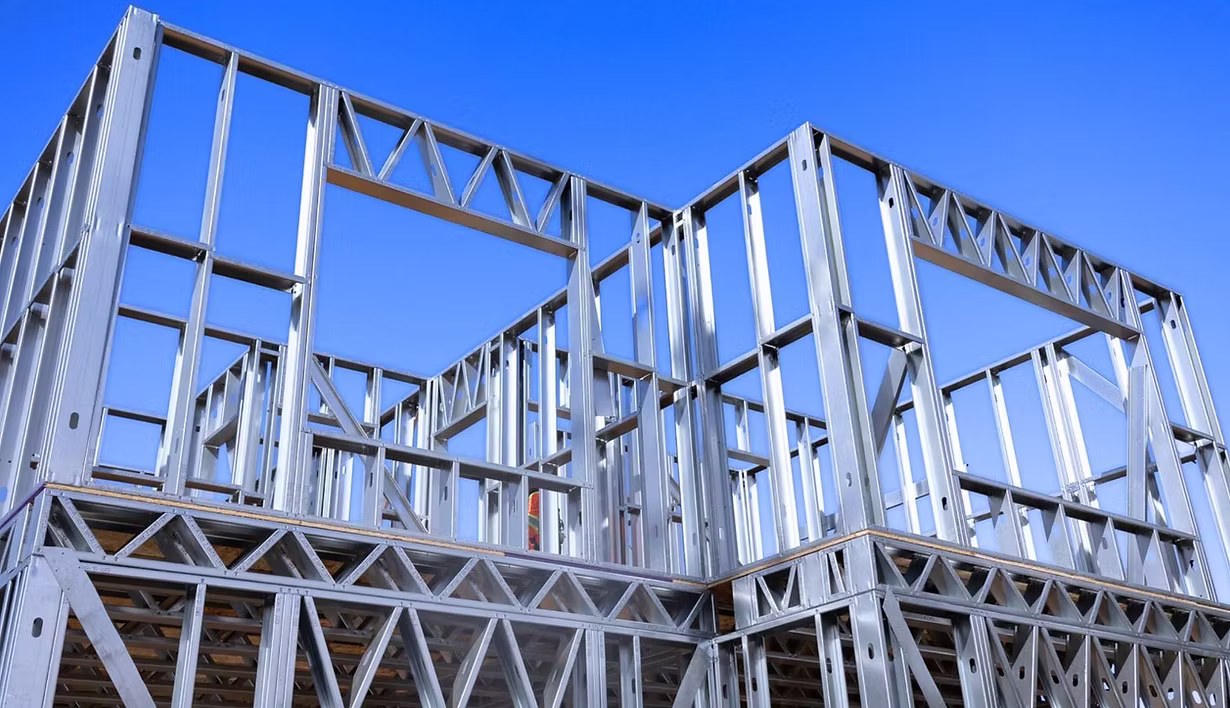 Prefabricated light-gauge steel structure before exterior finishes