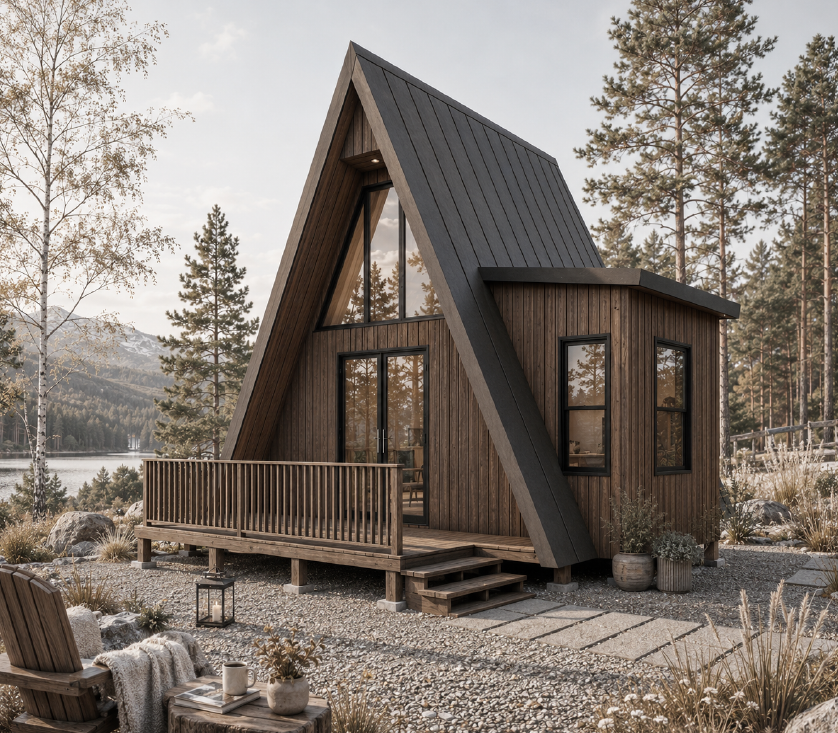 Mountain 380 compact home beside a Canadian lake