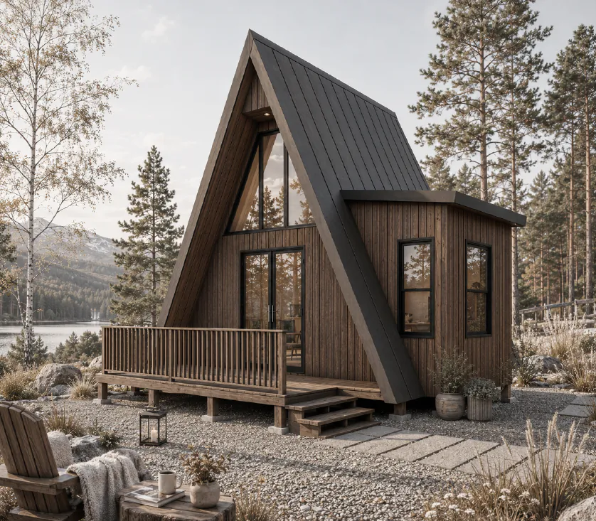 Mountain 380 compact home beside a Canadian lake