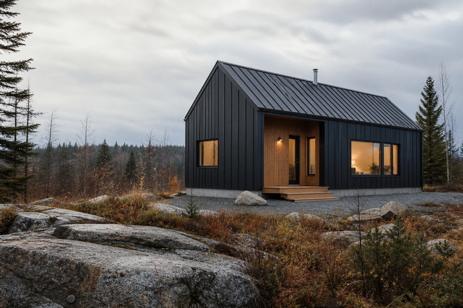 Compact dark steel-clad home in a northern Canadian landscape
